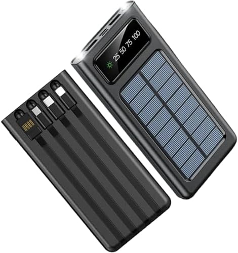 Power-Bank-Solar-Charger – 20000mAh Portable Charger,Solar Power Bank,Camping External Backup Battery Pack,Fast Solar Panel Charger with Dual Flashlight and 4 USB Cables (Black)