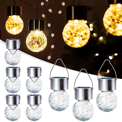 GIGALUMI 8 Pack Solar Outdoor Hanging Lights – Warm White LED, Water Resistant, Glass, Rechargeable Battery